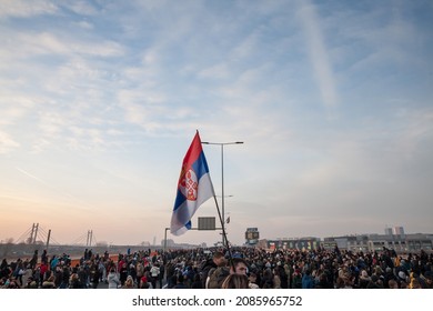 BELGRADE, SERBIA - DECEMBER 4, 2021: Crowd Of Protestors Blocking Most Gazela Bridge Against Vucic And Serbian Government Demonstrating Against Rio Tinto Lithium Mines And Pollution In Serbia.

