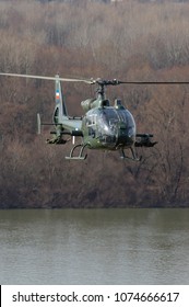 BELGRADE, SERBIA, FEBRUARY 2007; Serbian Air Force Soko Aerospatiale (now Airbus Helicopters) SA341 Gazelle Gama Light Attack Helicopter In Flight Over River During 'Sretenje 2007' Military Exercise