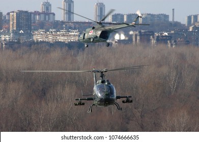 BELGRADE, SERBIA, FEBRUARY 2007; Serbian Air Force Soko Aerospatiale (now Airbus Helicopters) SA341 Gazelle Gama Light Attack Helicopter In Flight During 'Sretenje 2007' Military Exercise