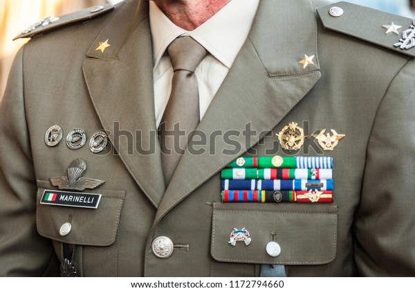 BELGRADE, SERBIA - JULY 14, 2018: Close up on the\
formal uniform of the Italian Army, Ground Forces during a ceremony\
in  Belgrade \
\
