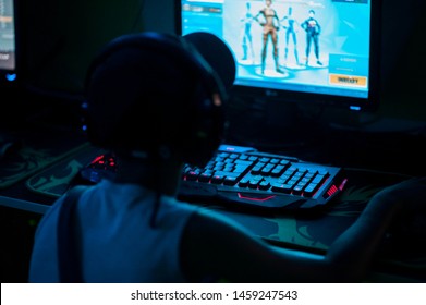 Belgrade, Serbia - July 23 2019 : kid playing fortnite video game on computer. pc gaming concept.
