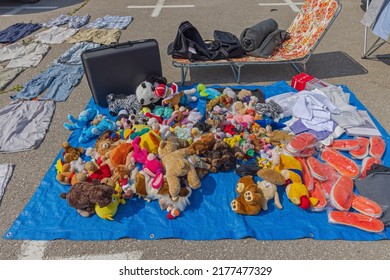 Belgrade, Serbia - June 18, 2022: Big Bunch Of Second Hand Plush Toys For Sale At Flea Market.