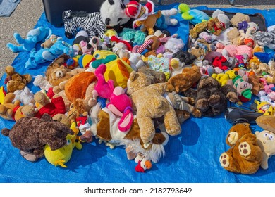 Belgrade, Serbia - June 18, 2022: Big Bunch Of Second Hand Plush Toys For Sale At Flea Market.