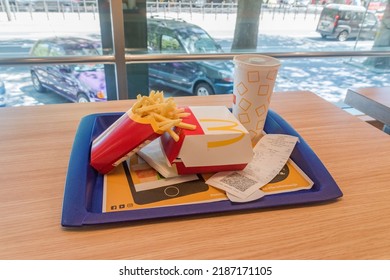 Belgrade, Serbia - June 7, 2022: Mcdonald Menu With Grand Dupli Cheese Jalapeno Burger, French Fries And Coca-Cola.