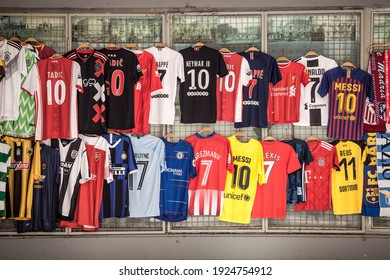 BELGRADE, SERBIA - JUNE 8, 2019: Football Soccer Jersey T-shirts, Belonging To The Main European UEFA Champions League Competition, For Sale In A Shop Of Belgrade, Hanging.

