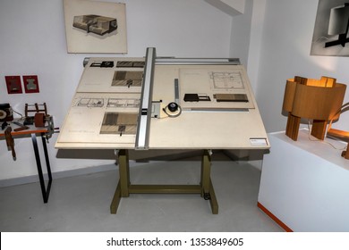 Belgrade, Serbia, March 01, 2019: Old-fashioned drawing board with project blueprint exposed in the Museum of Science and Technology