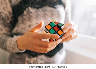 BELGRADE, SERBIA - MARCH 08, 2018: Close Up Of Woman Holding Rubik's Cube. Rubik's Cube Is The Most Famous Puzzle Cube In The World.