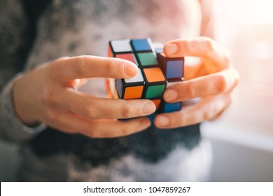 BELGRADE, SERBIA - MARCH 08, 2018: Close Up Of Woman Holding Rubik's Cube. Rubik's Cube Is The Most Famous Puzzle Cube In The World.