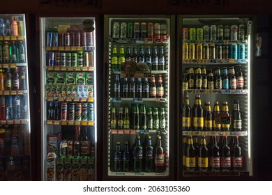 BELGRADE, SERBIA - MARCH 11, 2017: Fridges Full Of Serbian Beer And Other Alcoholic Drinks In A Beverages Aisle Of A Retail Shop, Supermarket Style, At Night In Belgrade, Serbia. 

