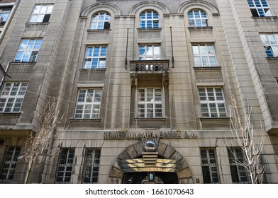 BELGRADE, SERBIA - MARCH 2, 2020: Komercijalna Banka logo on their main office in Belgrade. Currently being privatized, Komercijalna Banka is Serbian a commercial and retail bank