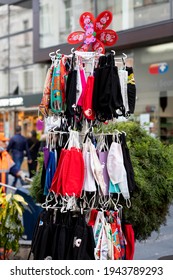 Belgrade, Serbia - March ,2021: Handmade Fabric Masks Of Different Colors And Patterns Sold On The Streets Of Belgrade. Corona Virus Protection