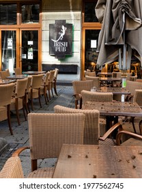 Belgrade, Serbia - March 23, 2021: Empty Tables And Chairs. Closed Irish Pub In Belgrade Due To Coronavirus Quarantine, COVID-19