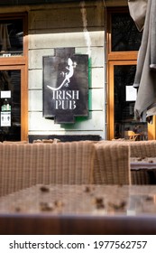 Belgrade, Serbia - March 23, 2021: Empty Tables And Chairs. Closed Irish Pub In Belgrade Due To Coronavirus Quarantine, COVID-19