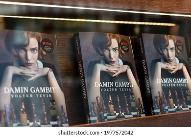 Belgrade, Serbia - March 23, 2021:  Book Store And The Book Queens Gambit In Shop Window In Knez Mihailova Pedestrian And Shopping Area In Belgrade