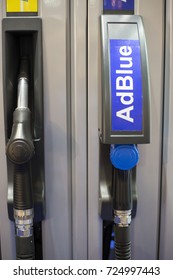 BELGRADE, SERBIA - MARCH 25, 2017: Nozzle for adblue at gasoline station, diesel exhaust cleaning fluid.