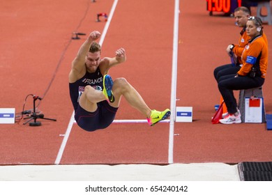 BELGRADE, SERBIA - MARCH 3-5, 2017: Man Heptathlon, , MAYER Kevin, Long Jump, European Athletics Indoor Championships In Belgrade, Serbia