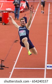 BELGRADE, SERBIA - MARCH 3-5, 2017: Man Heptathlon, , MAYER Kevin, Long Jump, European Athletics Indoor Championships In Belgrade, Serbia