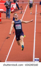 BELGRADE, SERBIA - MARCH 3-5, 2017: Man Heptathlon, , MAYER Kevin, Long Jump, European Athletics Indoor Championships In Belgrade, Serbia