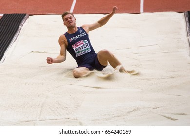 BELGRADE, SERBIA - MARCH 3-5, 2017: Man Heptathlon, , MAYER Kevin, Long Jump, European Athletics Indoor Championships In Belgrade, Serbia