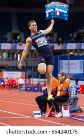 BELGRADE, SERBIA - MARCH 3-5, 2017: Man Heptathlon, , MAYER Kevin, Long Jump, European Athletics Indoor Championships In Belgrade, Serbia