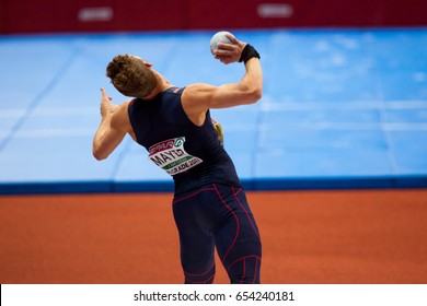 BELGRADE, SERBIA - MARCH 3-5, 2017: Man Heptathlon, Shot Put, MAYER Kevin, European Athletics Indoor Championships In Belgrade, Serbia