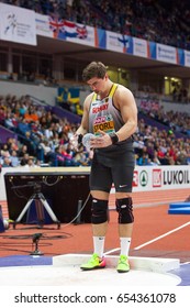 BELGRADE, SERBIA - MARCH 3-5, 2017: Shot Put Men, STORL David, European Athletics Indoor Championships In Belgrade, Serbia