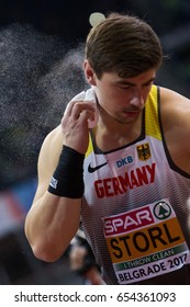 BELGRADE, SERBIA - MARCH 3-5, 2017: Shot Put Men, STORL David, European Athletics Indoor Championships In Belgrade, Serbia