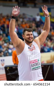 BELGRADE, SERBIA - MARCH 3-5, 2017: Shot Put Men, BUKOWIECKI Konrad, European Athletics Indoor Championships In Belgrade, Serbia