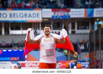 BELGRADE, SERBIA - MARCH 3-5, 2017: Shot Put Men, BUKOWIECKI Konrad, European Athletics Indoor Championships In Belgrade, Serbia