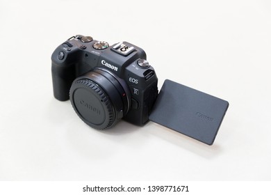 Belgrade, Serbia - May 08, 2019: New Canon EOS RP Mirrorless Camera Is Displayed With Fully Articulating Screen Isolated On White Background.