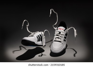 Belgrade, Serbia - May 12, 2022. New Adidas Tennis Shoes On White Background Sgot With Studio Lighting. New Adidas Sneakers Or Trainers On White Background. Men's Sport Footwear