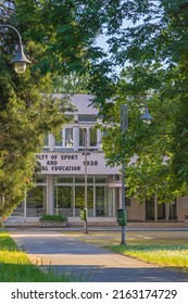 Belgrade, Serbia - May 16, 2022: Entrance To University Of Belgrade Faculty Of Sport And Physical Education Building In Kosutnjak Park.