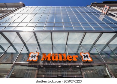 BELGRADE, SERBIA - MAY 18, 2018: Muller Logo On Their Shop In Ljubljana. Mueller, Or Muller, Is A Drogerie, Drugstore Chain Of Retail Stores That Sells Cosmetics, Healthcare Items, Household Products 