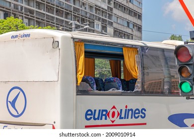 Belgrade, Serbia - May 21, 2021: Vandalism Destruction Broken Window At Coach Bus Lasta Eurolines.