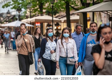 BELGRADE, SERBIA - MAY 27, 2021: Women, Young Girls And Old Woman, Walking Wearing Face Mask Respiration Protective Equipement On Coronavirus Covid 19 Crisis.


