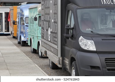 BELGRADE, SERBIA - NOVEMBER 01, 2016: Parked And Lined Up Street Food Trucks In Downtown.  Selective Focus.