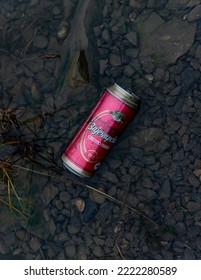 Belgrade, Serbia - November 02, 2022: Beer Can Discarded In The River Danube In Belgrade. Stop Pollution, Start Recycling And Save Our Planet