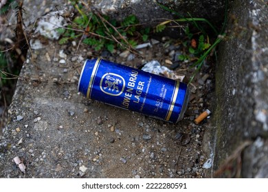 Belgrade, Serbia - November 02, 2022: Löwenbräu Beer Can Discarded In The Middle Of A Street In Belgrade. Stop Pollution, Start Recycling And Save Our Planet