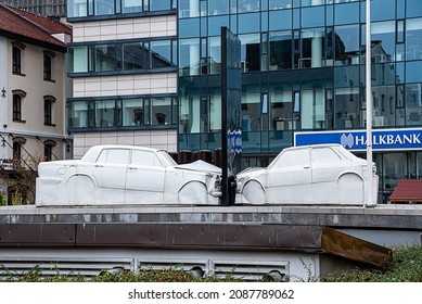 Belgrade, Serbia - November 05, 2021: Auto Accident Involving Two Cars. Close Up Of Two Cars Damaged. Head On Collision