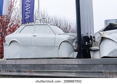 Belgrade, Serbia - November 05, 2021: Auto Accident Involving Two Cars. Close Up Of Two Cars Damaged. Head On Collision