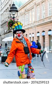 BELGRADE, Serbia - November 15, 2021 - Clown, Street Performer In Knez Mihailova Street In Belgrade, Serbia