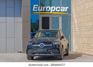 Belgrade, Serbia - October 04, 2021: New Mercedes Benz Suv in Front of Europcar Rental Agency at Galerija Shopping Mall.