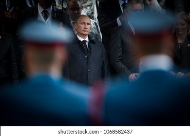 Belgrade, Serbia - October 16, 2014: Russian President Seen Through The Soldiers During The Military Parade March Of The Victorious In Belgrade. President Vladimir Putin Of Russia Arrived In Belgrade