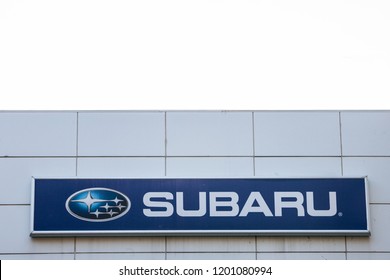 BELGRADE, SERBIA - OCTOBER 9, 2018: Subaru Logo On Their Main Dealership Store Belgrade. Nissan Is A Japanese Car And Automotive Manufacturer, Specialized In High End And Sports Vehicles

