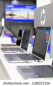 Belgrade, Serbia - September 13, 2018: New HP Laptop Computers Are On Retail Display In Electronic Store. Brand Logo In The Background.