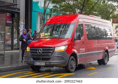 Belgrade, Serbia - September 30, 2021: Red Mini Bus Public Transport In Station At Rainy Day.