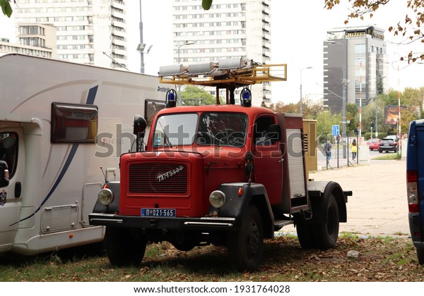 Belgrade, Serbia-09.10.2020: Fire truck in the parking\
lot 