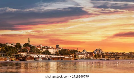 Belgrade Sunset Panorama with Tourist Nautical Port and Downtown Skyline, Viewed from Sava River Perspective. - Powered by Shutterstock