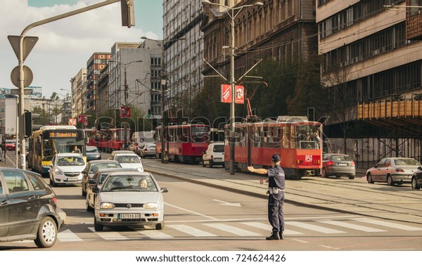 Belgrade,Serbia 29.09.2017.Street officer\
directing traffic in  Nemanjina \
street