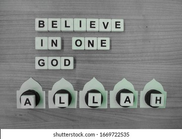 Believe In One God Allah, Word Cube With Background And Islamic-style Paper Cutouts.